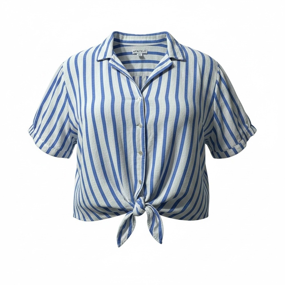 Ava & Viv Button Down Women 3X Blue White Striped Tie Front Coastal Summer Top